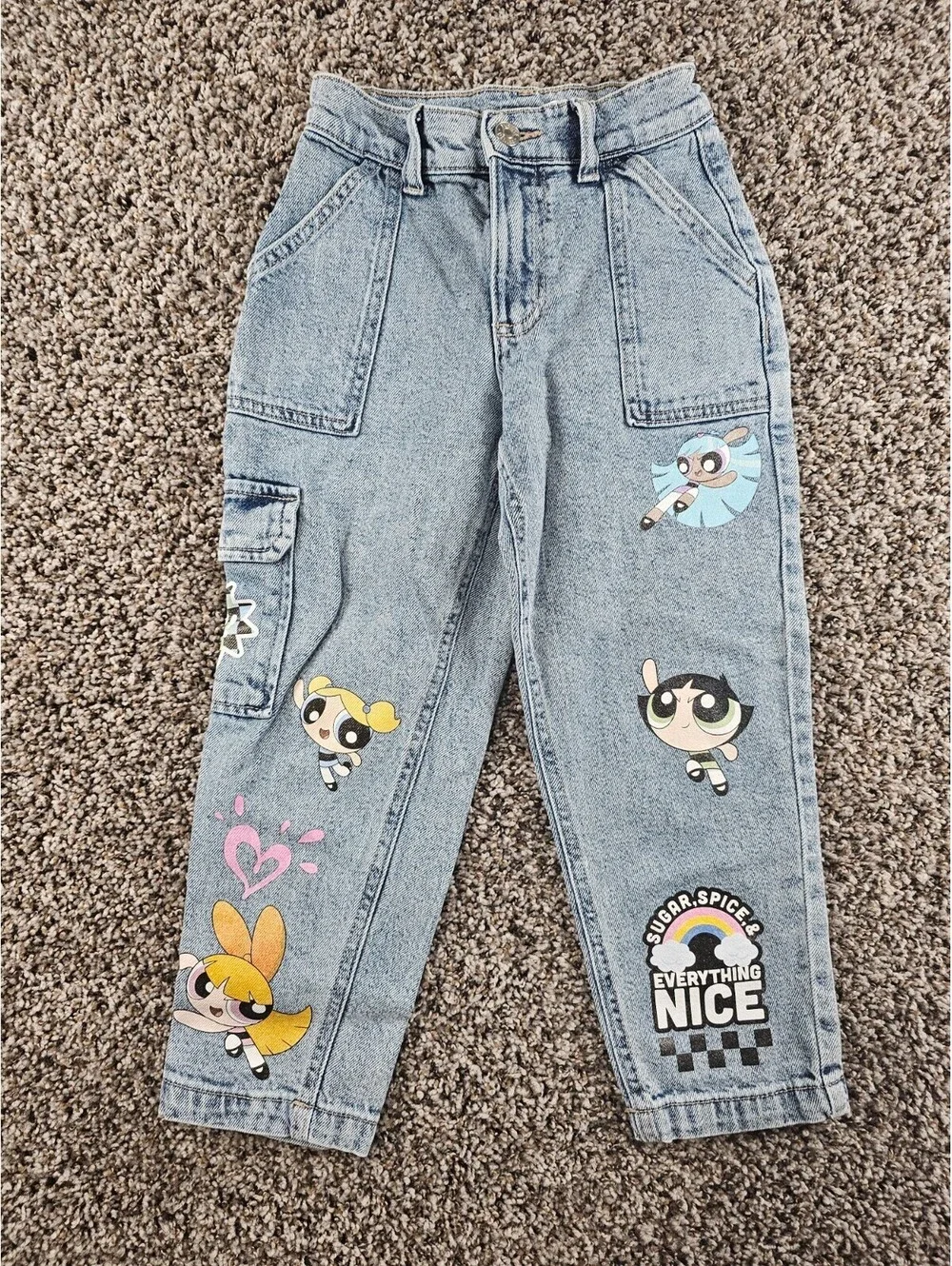 Justice Girls Sz 7 Tapered Leg Cargo Jeans Power Puff Girls Vintage Y2K